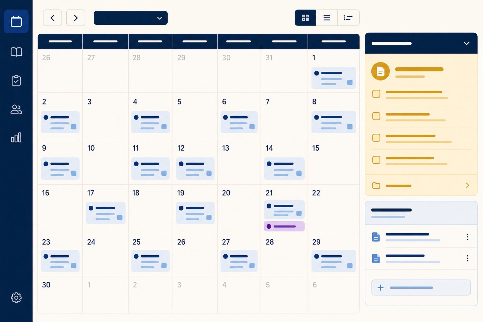 Undervisningskalender med månedsplan og materialeliste